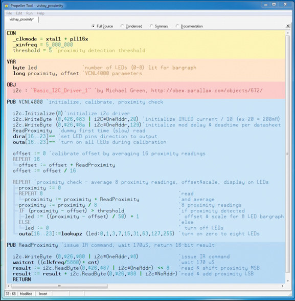 IR proximity sensing program screenshot.